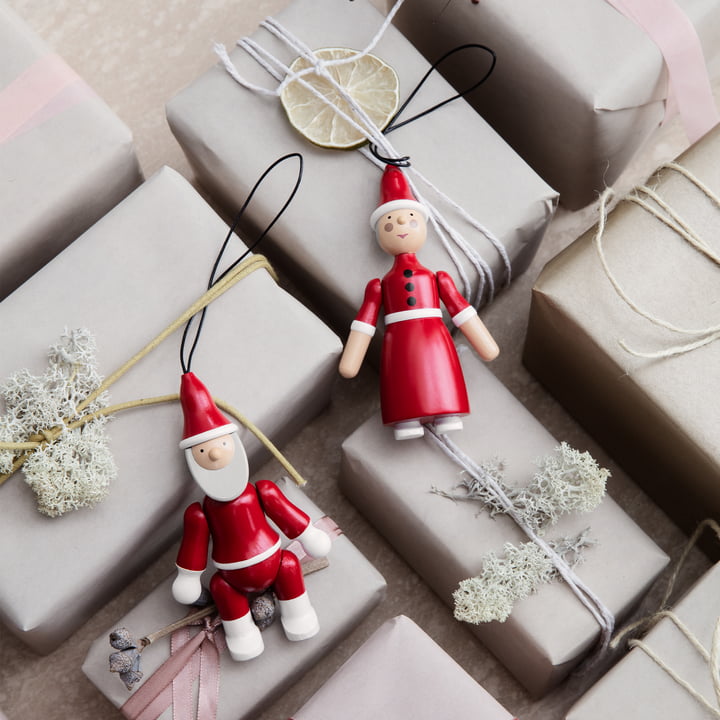 Weihnachtsmann & Weihnachtsfrau Holz-Ornamente von Kay Bojesen in der Ausführung rot / weiß