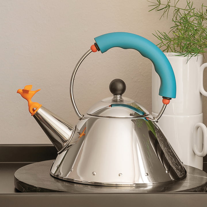 Wasserkessel 9093/1 "Bird Kettle" von Alessi in der Ausführung poliert / hellblau