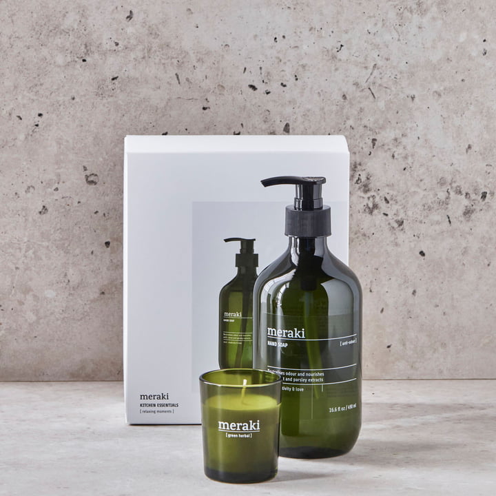 Meraki - Geschenk-Box Küche, Kitchen essential Anti-Odour Handseife (490 ml) & Green herbal Kerze