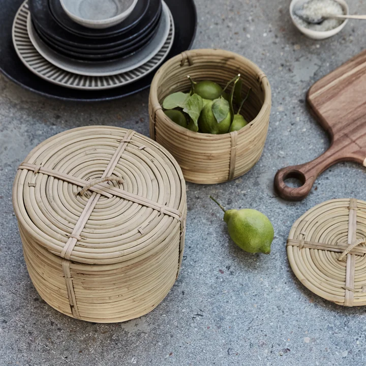 House Doctor - Round Aufbewahrungskorb mit Deckel, Rattan (2er-Set)