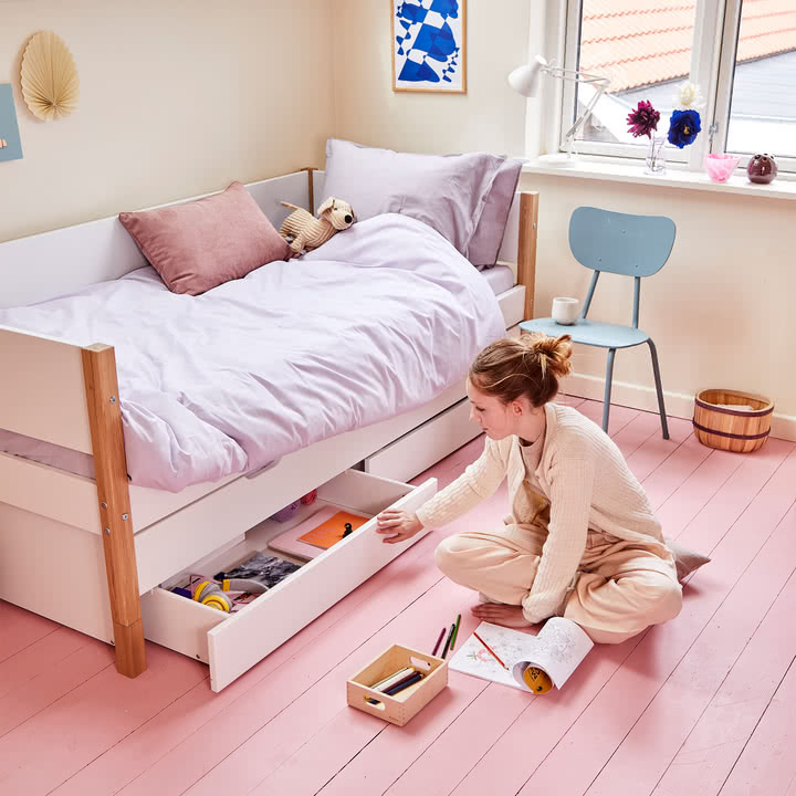 Flexa - Nor Einzelbett mit Ausziehbett und Aufbewahrung, 90 x 200 cm, Eiche / weiß