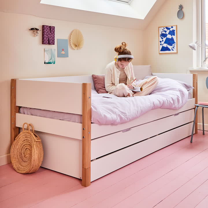 Flexa - Nor Einzelbett mit Ausziehbett und Aufbewahrung, 90 x 200 cm, Eiche / weiß