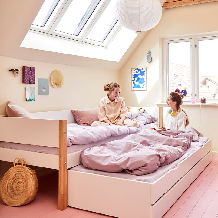 Flexa - Nor Einzelbett mit Ausziehbett und Aufbewahrung, 90 x 200 cm, Eiche / weiß