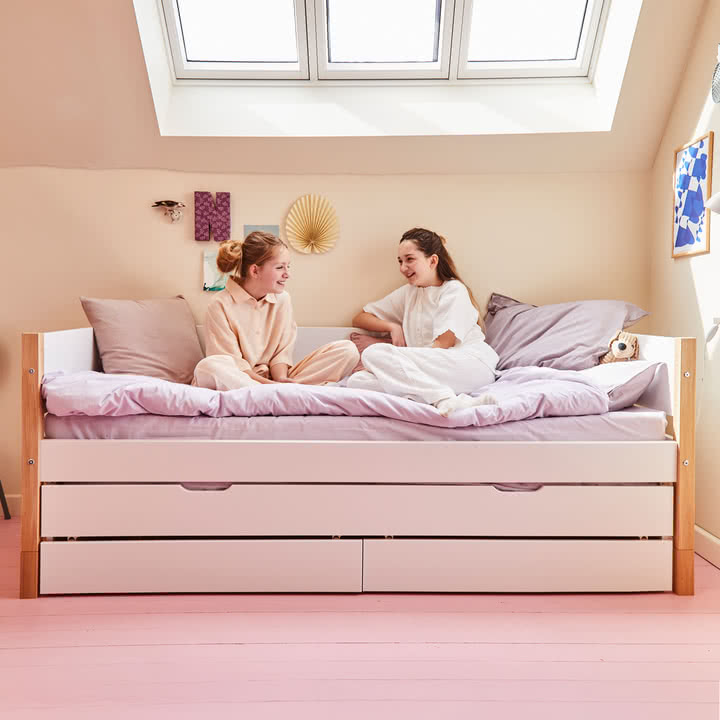 Flexa - Nor Einzelbett mit Ausziehbett und Aufbewahrung, 90 x 200 cm, Eiche / weiß