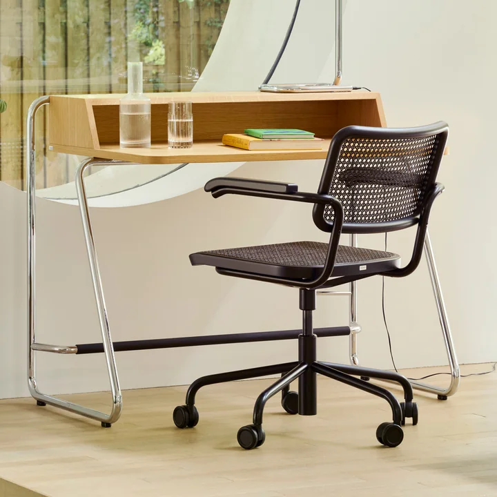 Thonet - S 64 VDR Drehsessel, Chrom / Buche schwarz gebeizt (TP 29) / Rohrgeflecht mit Kunststoffstützgewebe dark melange
