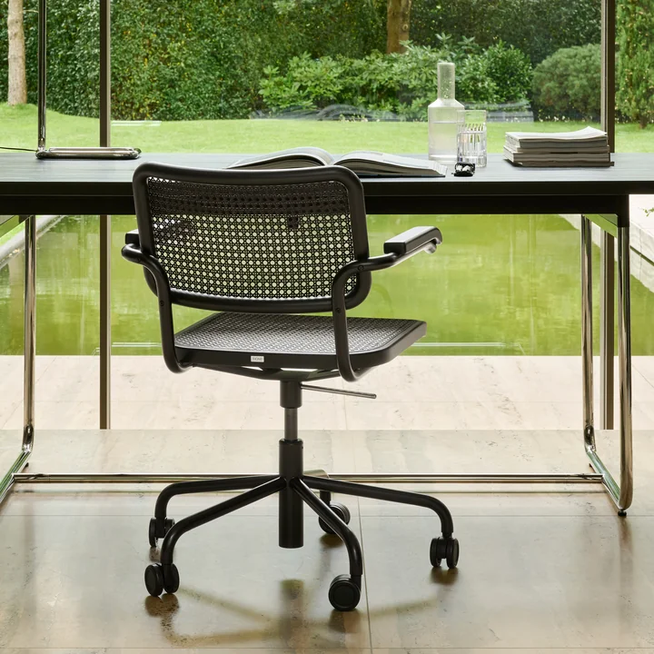 Thonet - S 64 VDR Drehsessel, Chrom / Buche schwarz gebeizt (TP 29) / Rohrgeflecht mit Kunststoffstützgewebe dark melange