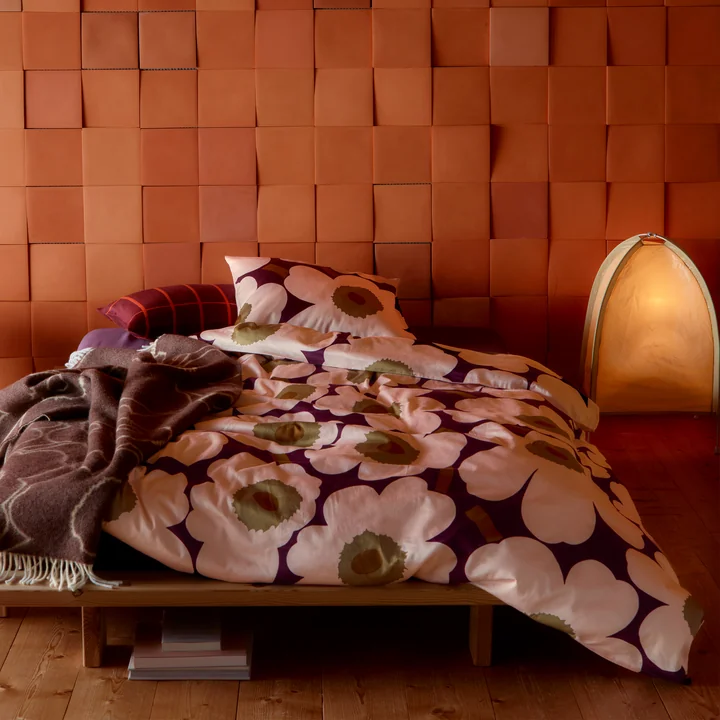 Marimekko - Unikko Satin Kopfkissenbezug und Deckenbezug, plum / pink / elmwood / toffee