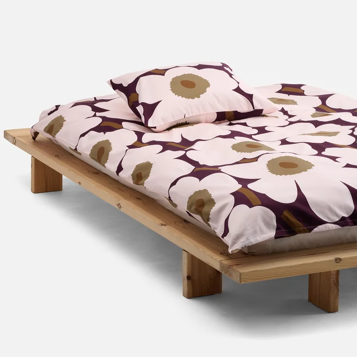 Marimekko - Unikko Satin Kopfkissenbezug und Deckenbezug, plum / pink / elmwood / toffee