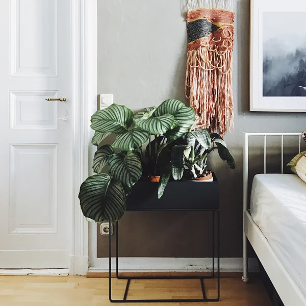 Der Beistelltisch Plant Box von ferm Living im Schlafzimmer mit einer Pflanze