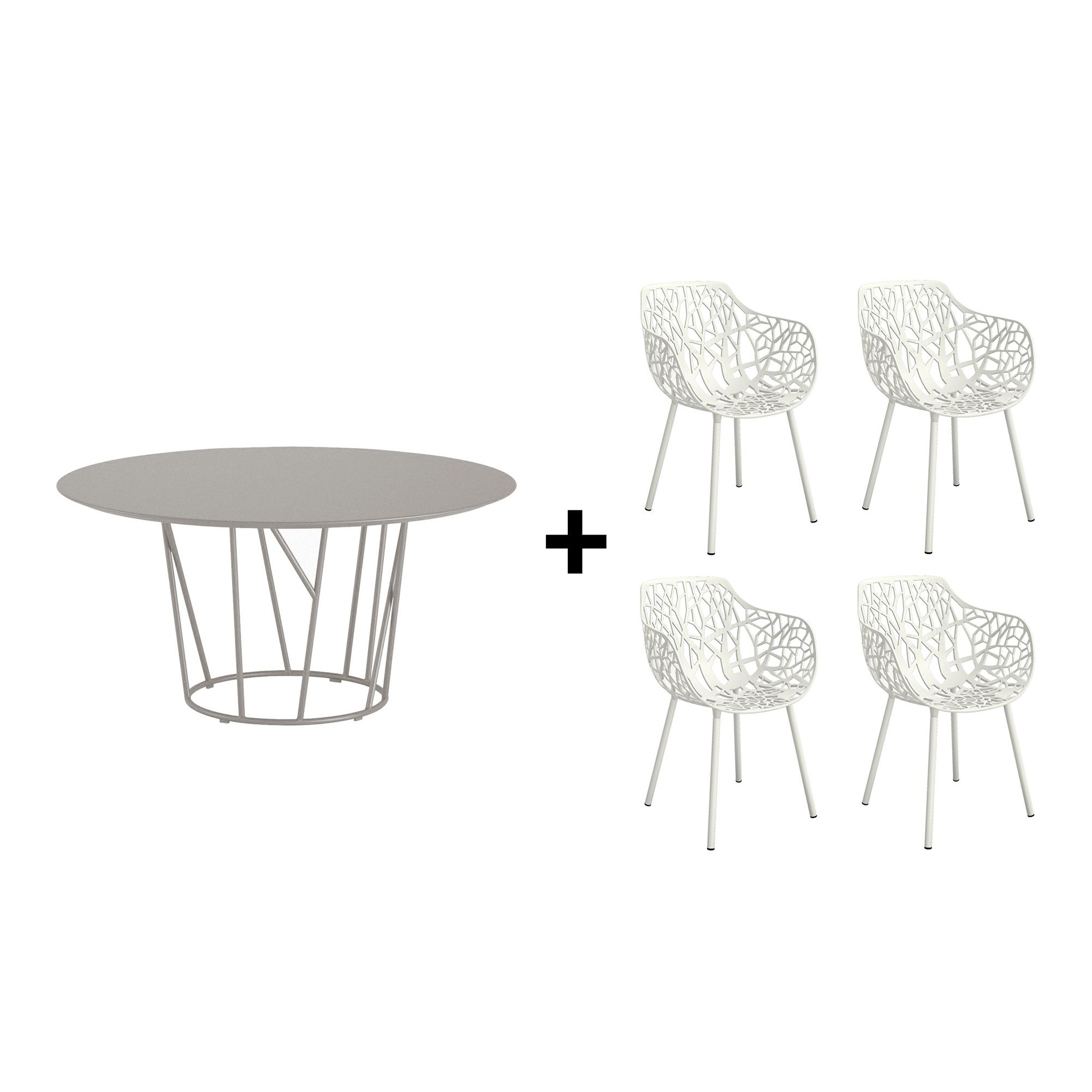 Fast - Table Wild 138cm + Set de 4 chaises Forest - gris fer/blanc/aluminium/table H 73cm laqu/chaise d'jardin 56x56x80cm peint par poudrage